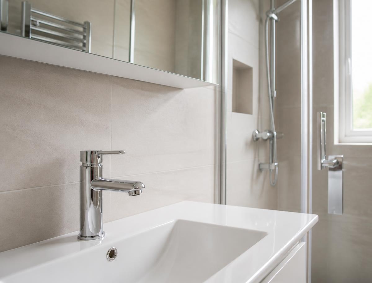 Newly fitted bathroom basin, mixer tap and shower in a Tameside home